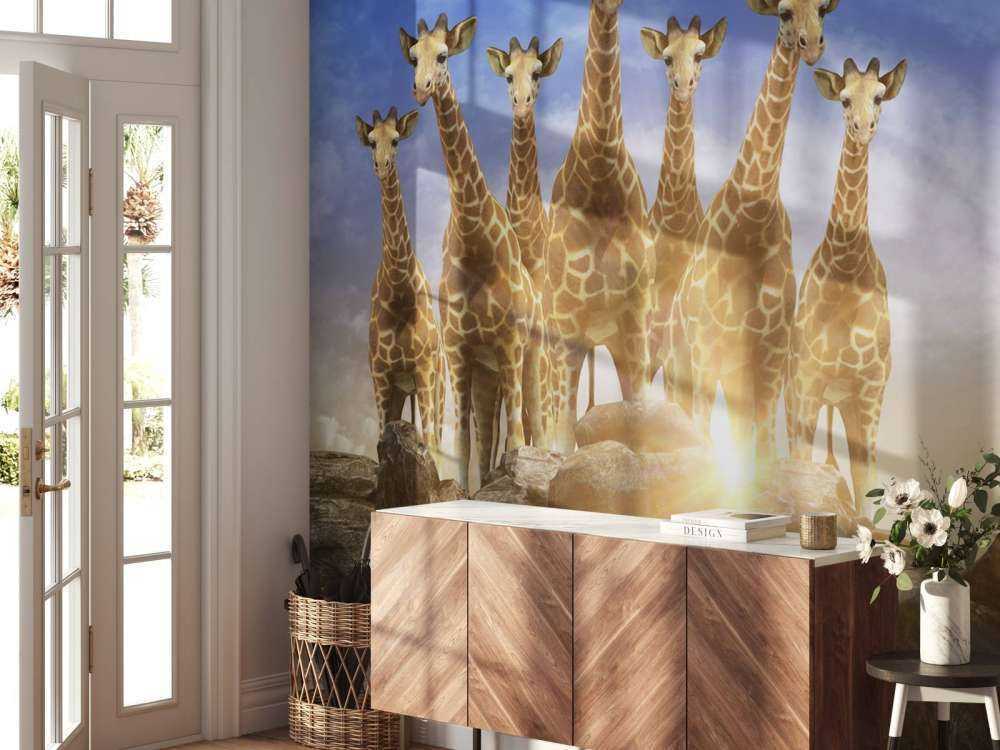 Giraffen bij zonsondergang