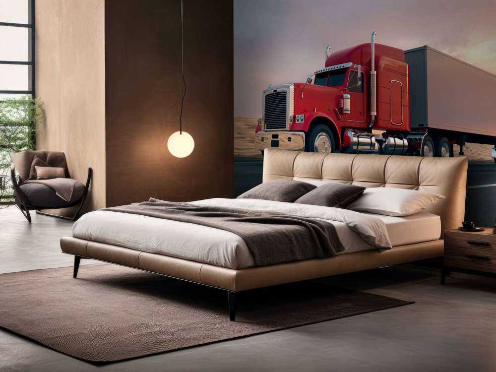 Rode Amerikaanse vrachtwagen bij zonsondergang