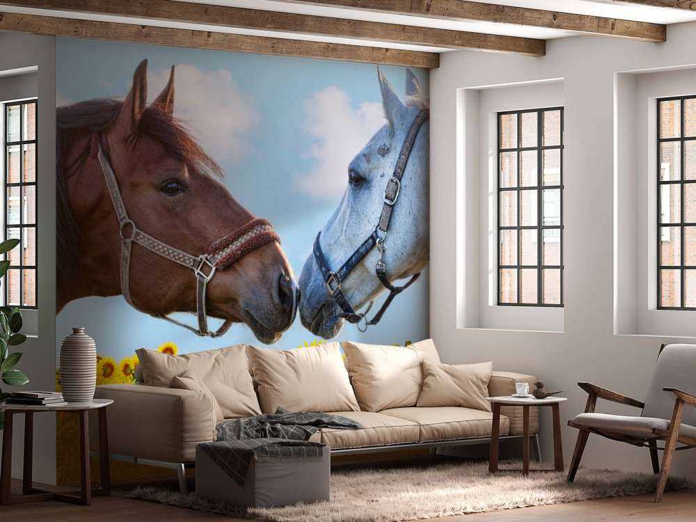 Liefdevolle paarden in een zonnebloemveld