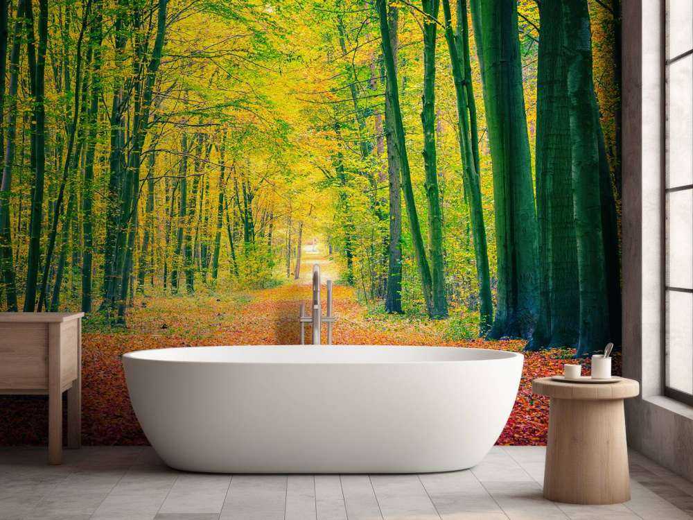 Een bosweg in de herfst