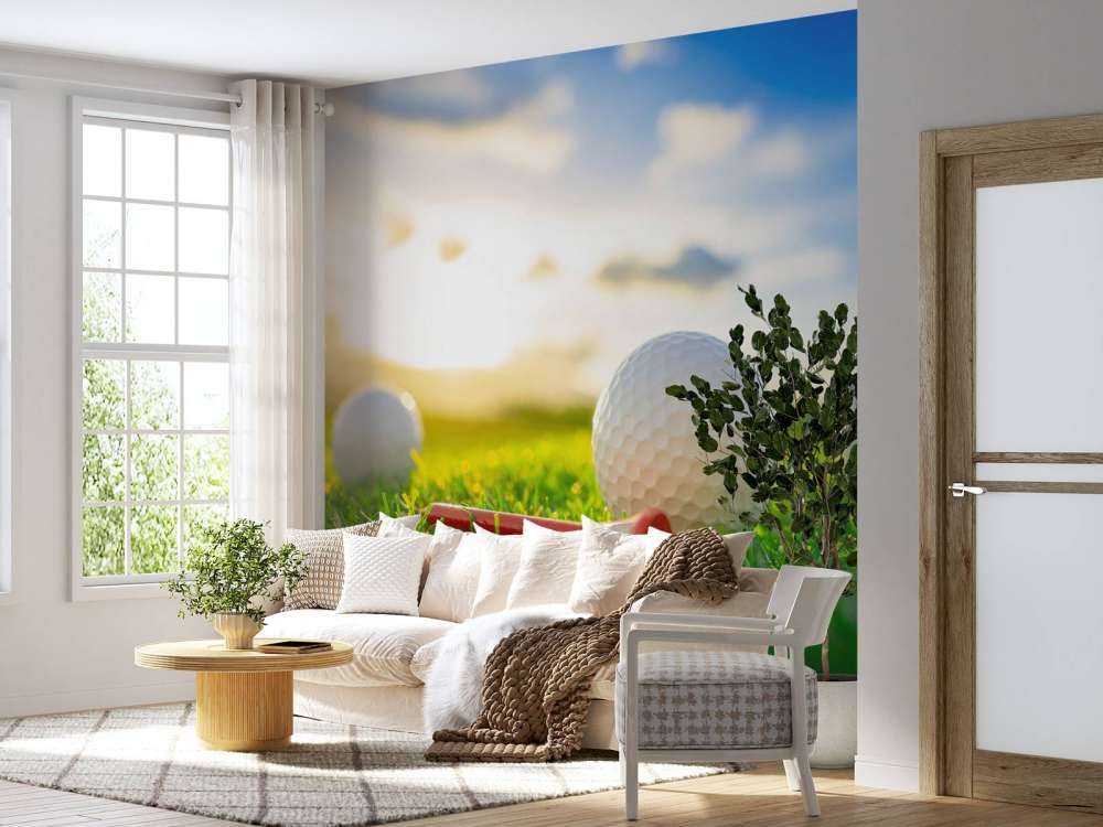 Golfballen met houder op kunstgras