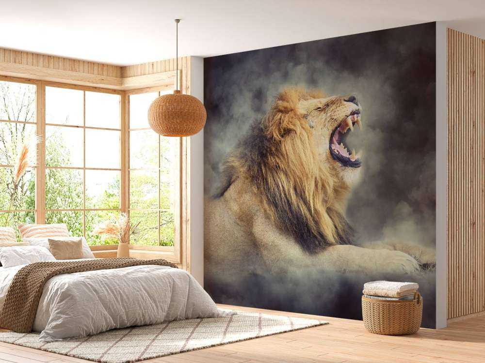 Leeuw in rook met een donkere achtergrond