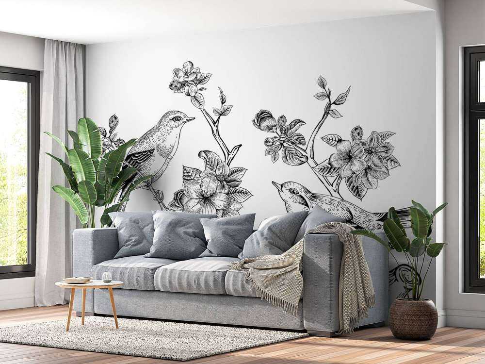 Tekening van vogels op een tak met appelbloesems