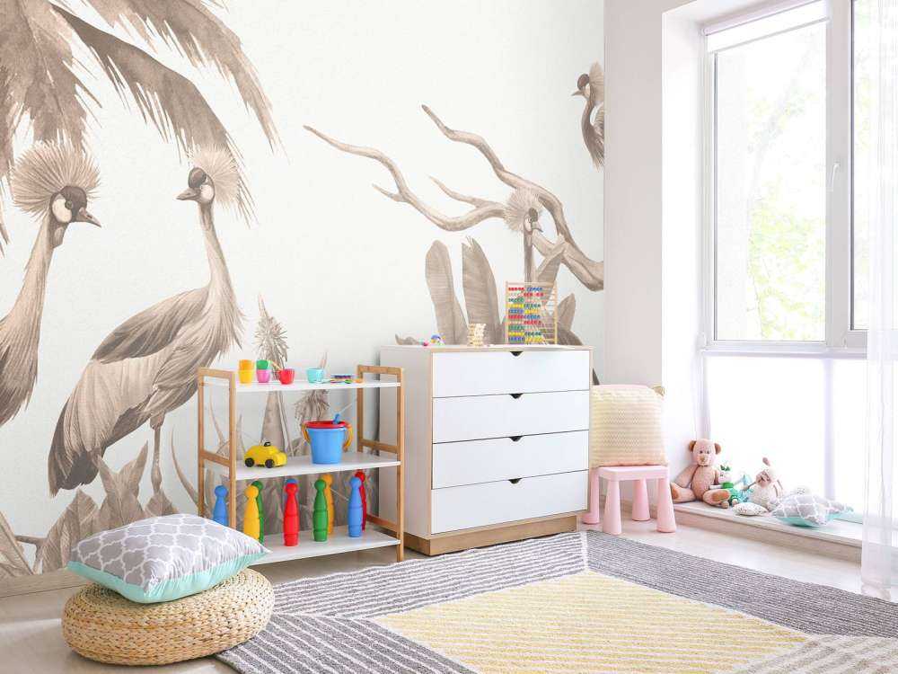 Jungle met kraanvogels in taupe