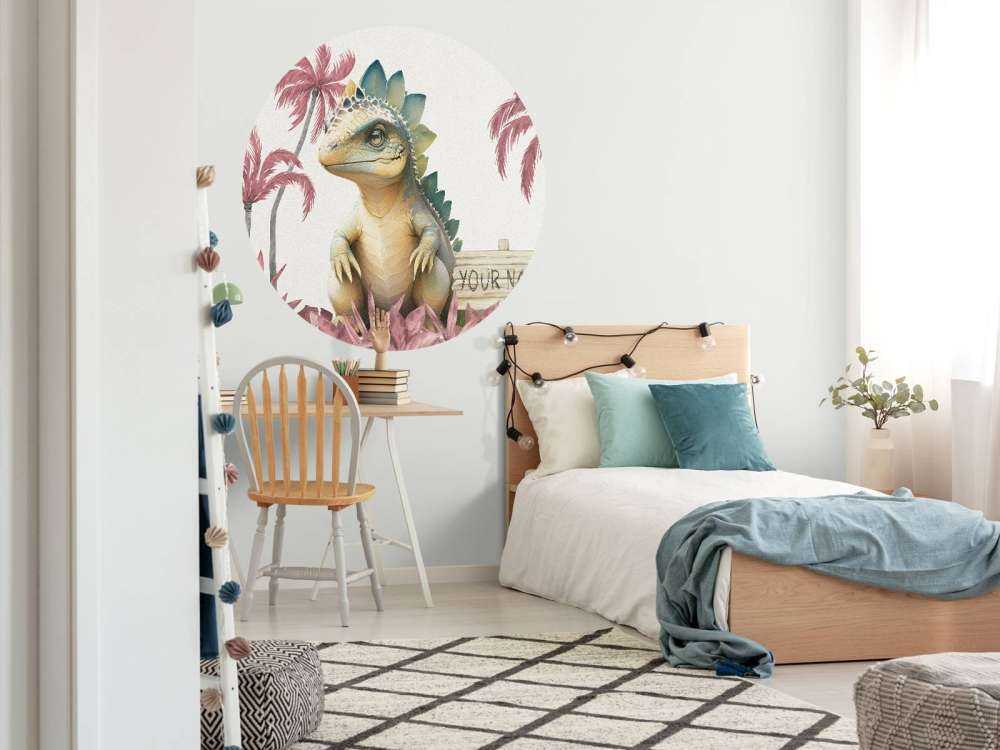 Baby stegosaurus in de jungle roze