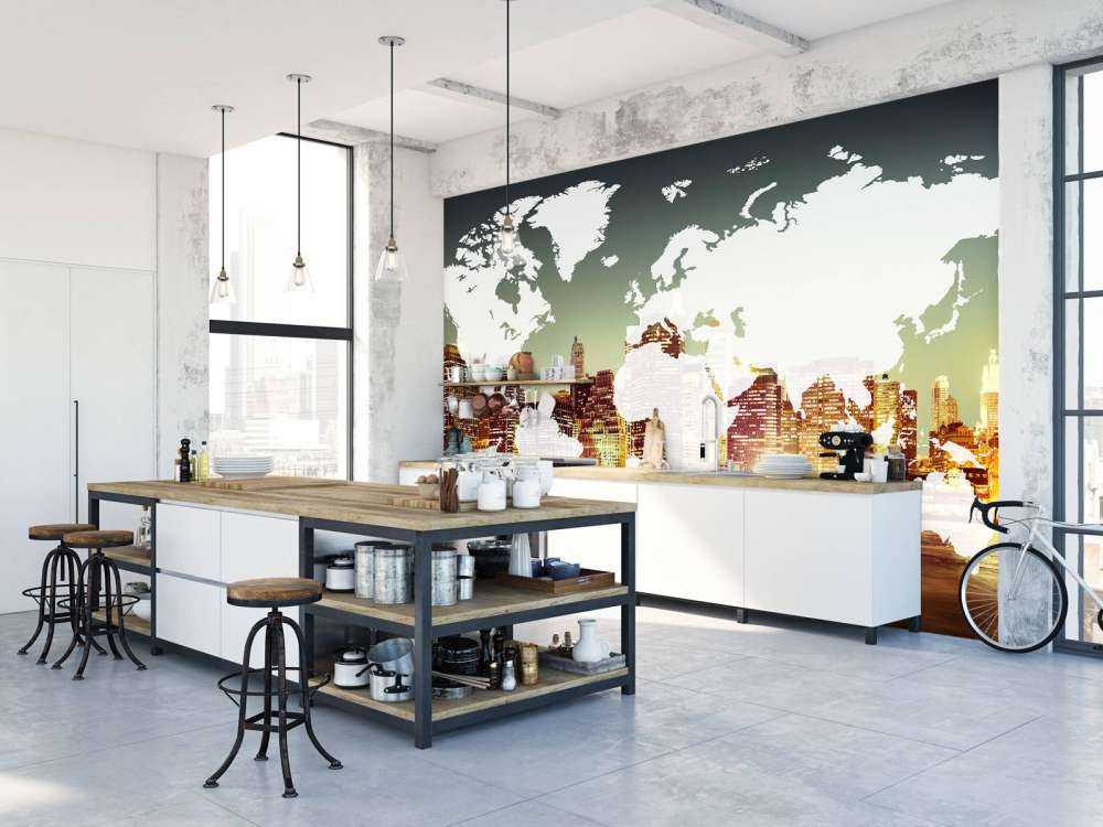 Wereldkaart met een stad op de achtergrond