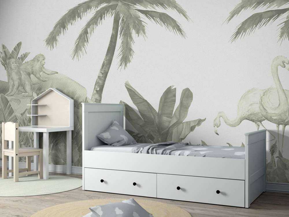 Apen en flamingo's in groen