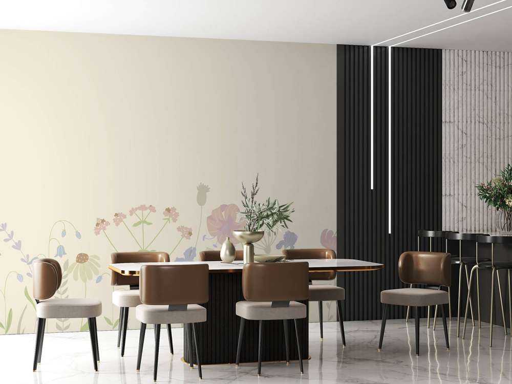 Bloemenveld beige, oud roze, groen en lila