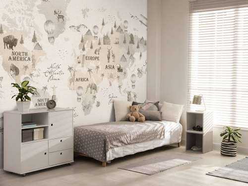 Wereldkaart met verschillende dieren off-white