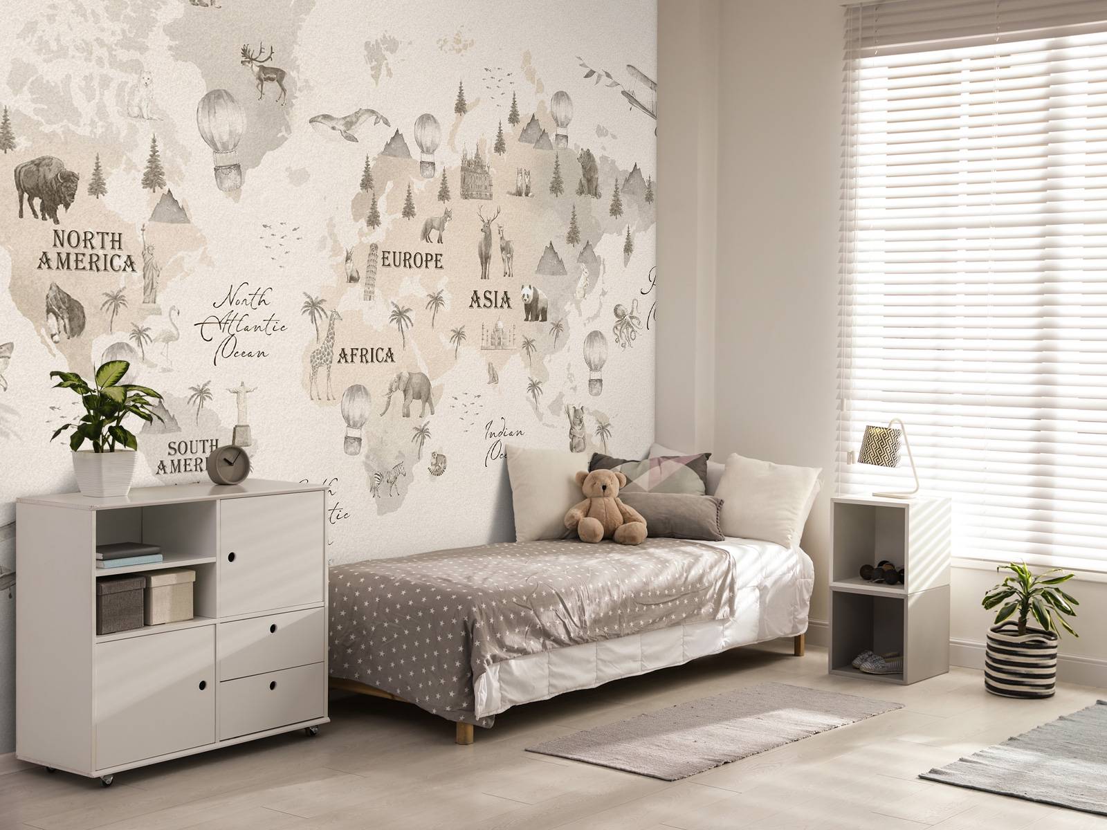 Wereldkaart met verschillende dieren off-white