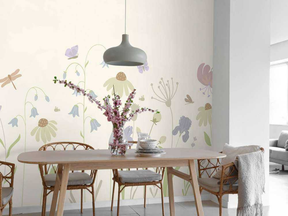 Bloemenveld hoog met vlinders beige, oud roze, groen en lila