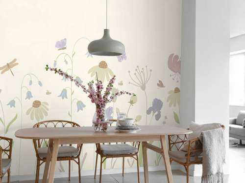 Bloemenveld hoog met vlinders beige, oud roze, groen en lila