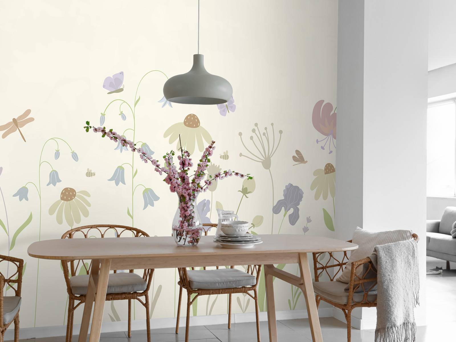 Bloemenveld hoog met vlinders beige, oud roze, groen en lila