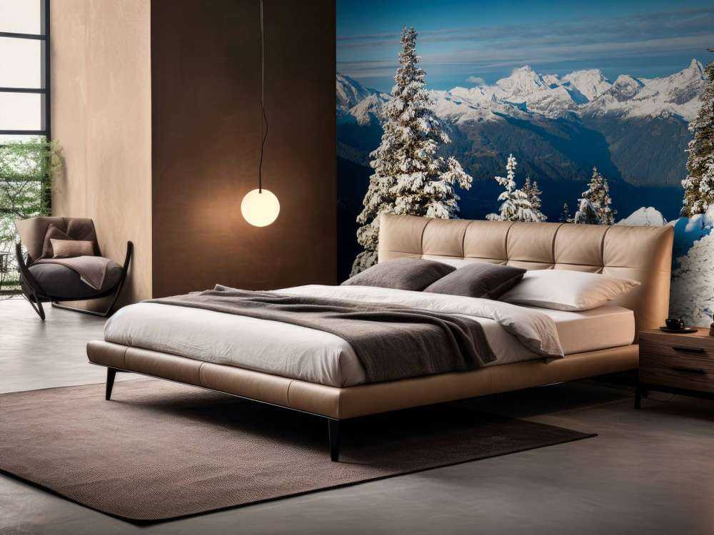 Besneeuwde dennen met bergzicht