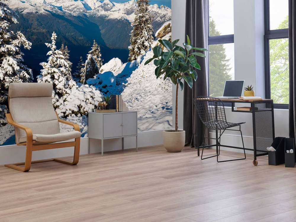 Besneeuwde dennen met bergzicht