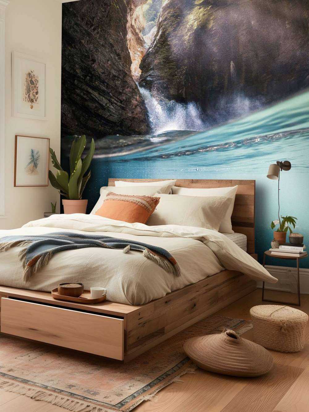 Zonlicht in bergkloof met waterval