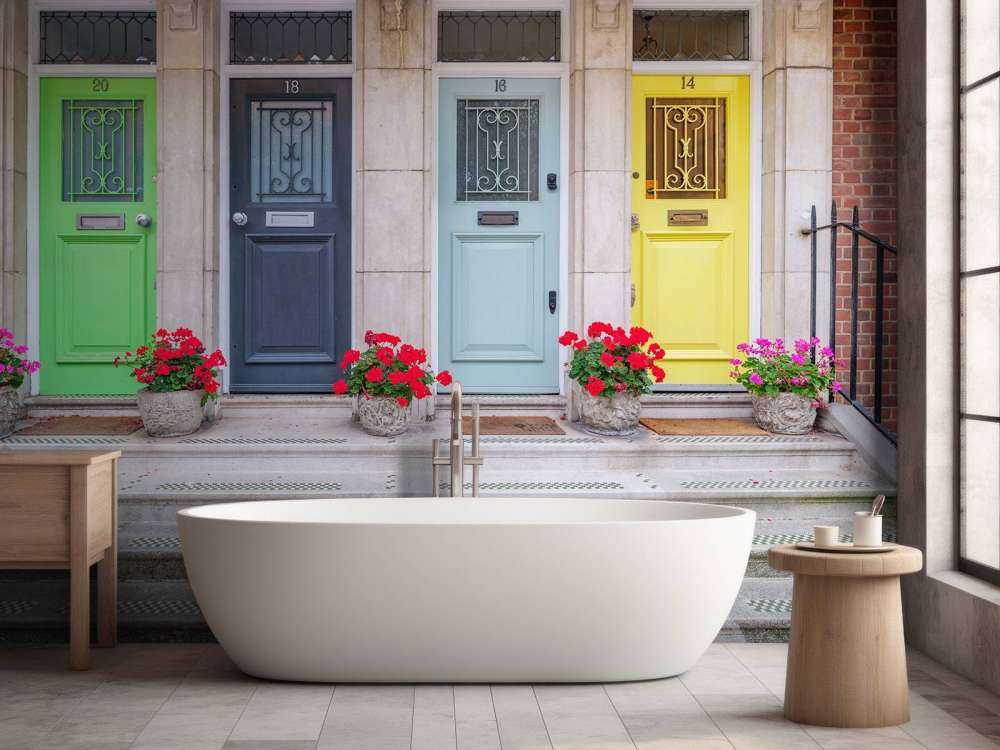 Multicolored doors of residential building, London