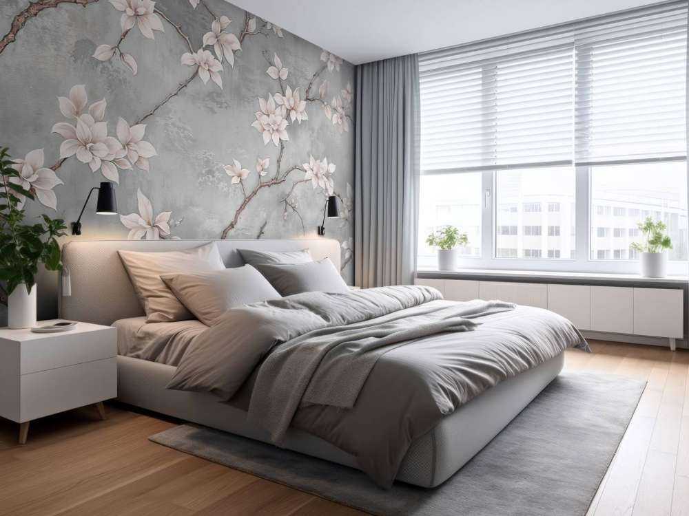 Witte magnoliatak op mistgrijs