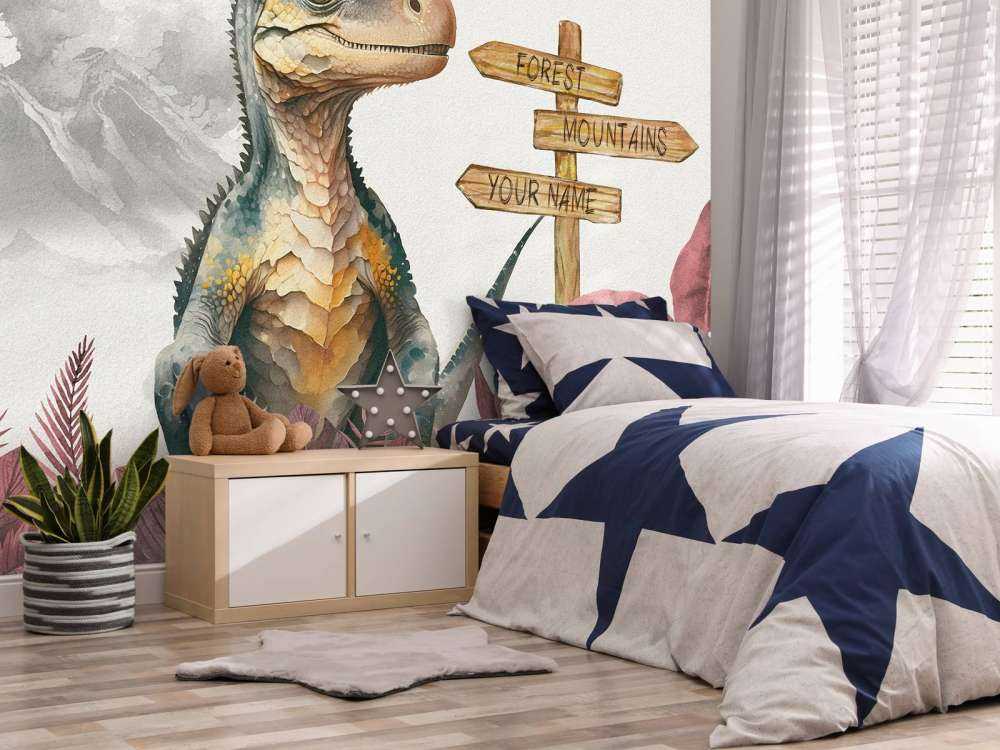 Baby velociraptor in de jungle roze