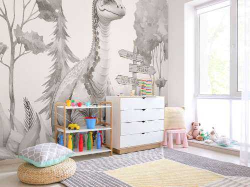 Baby brachiosaurus in de jungle beige