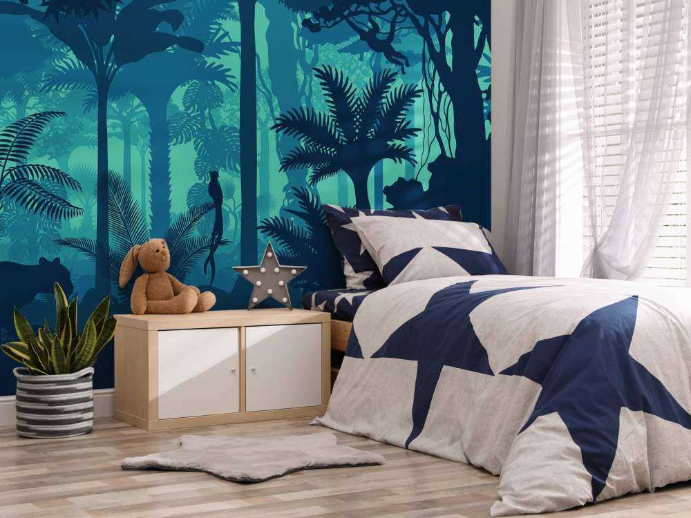 Blauwe jungle silhouetten