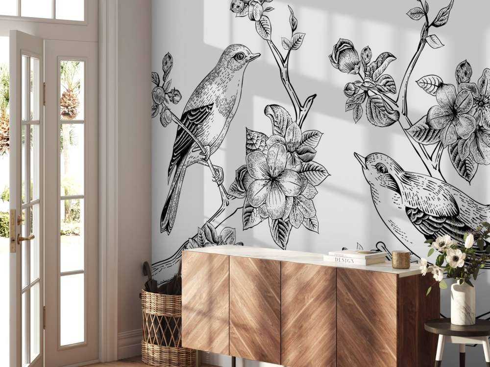 Tekening van vogels op een tak met appelbloesems