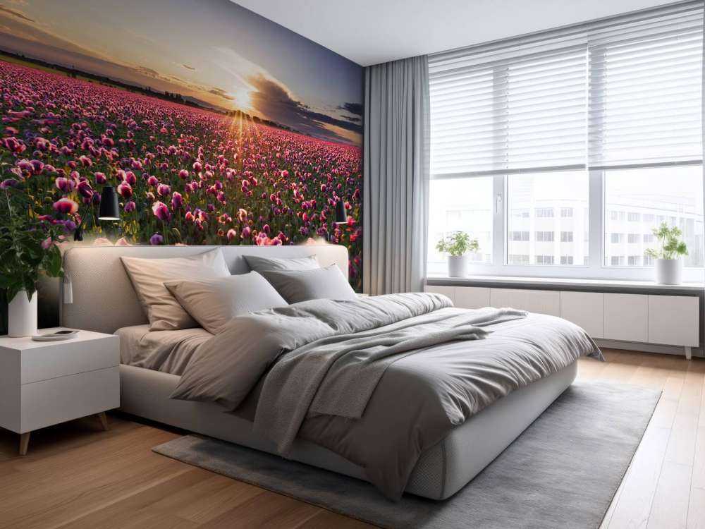 Roze klaprozenveld bij zonsondergang