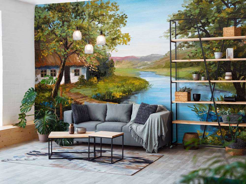 Boerderij met een zomers landschap schilderij