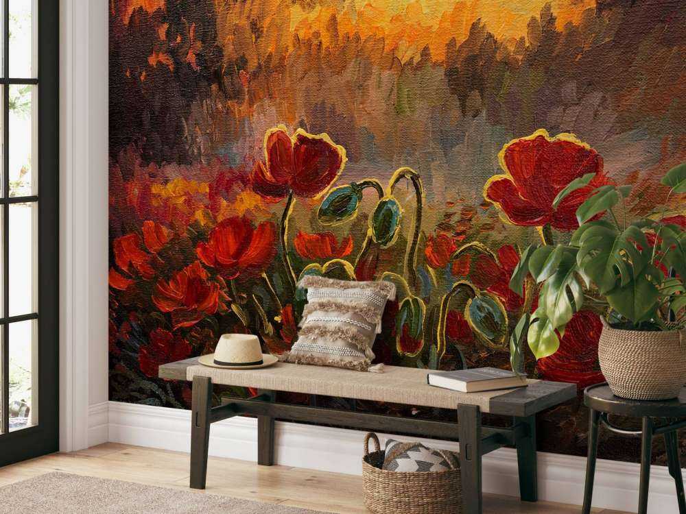 Olieverfschilderij van klaprozen bij zonsondergang