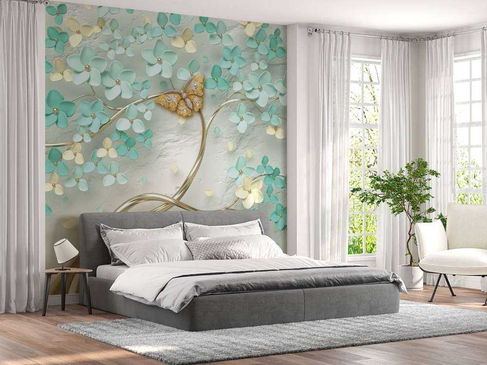 Gouden fantasieboom met groene bloemen