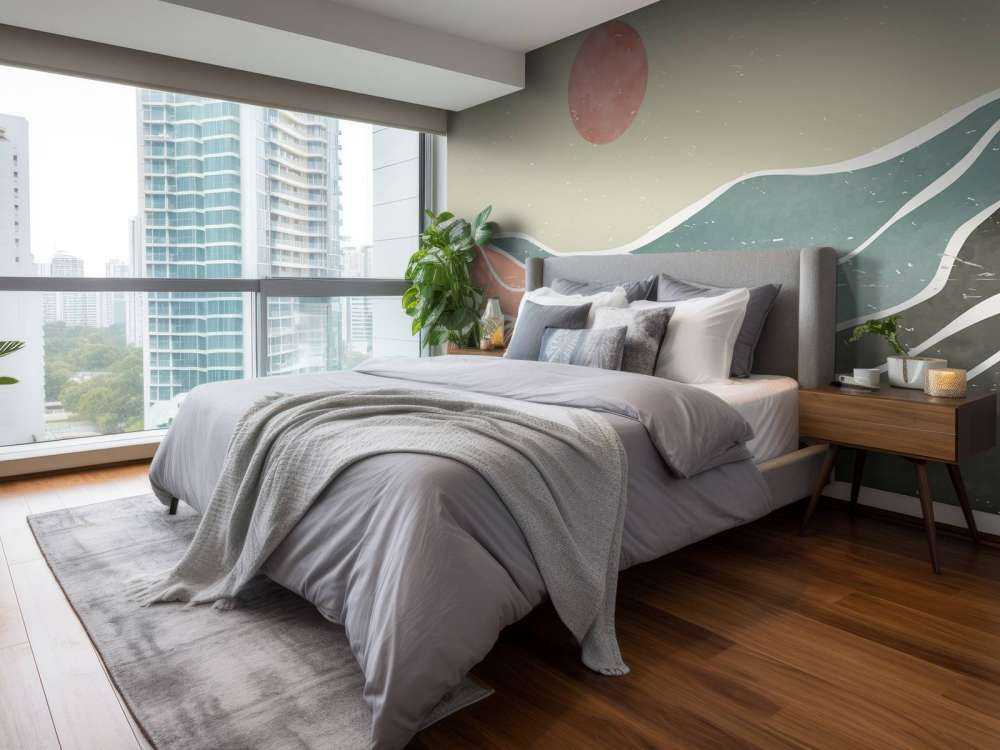 Gekleurde oceaangolven met een rode maan